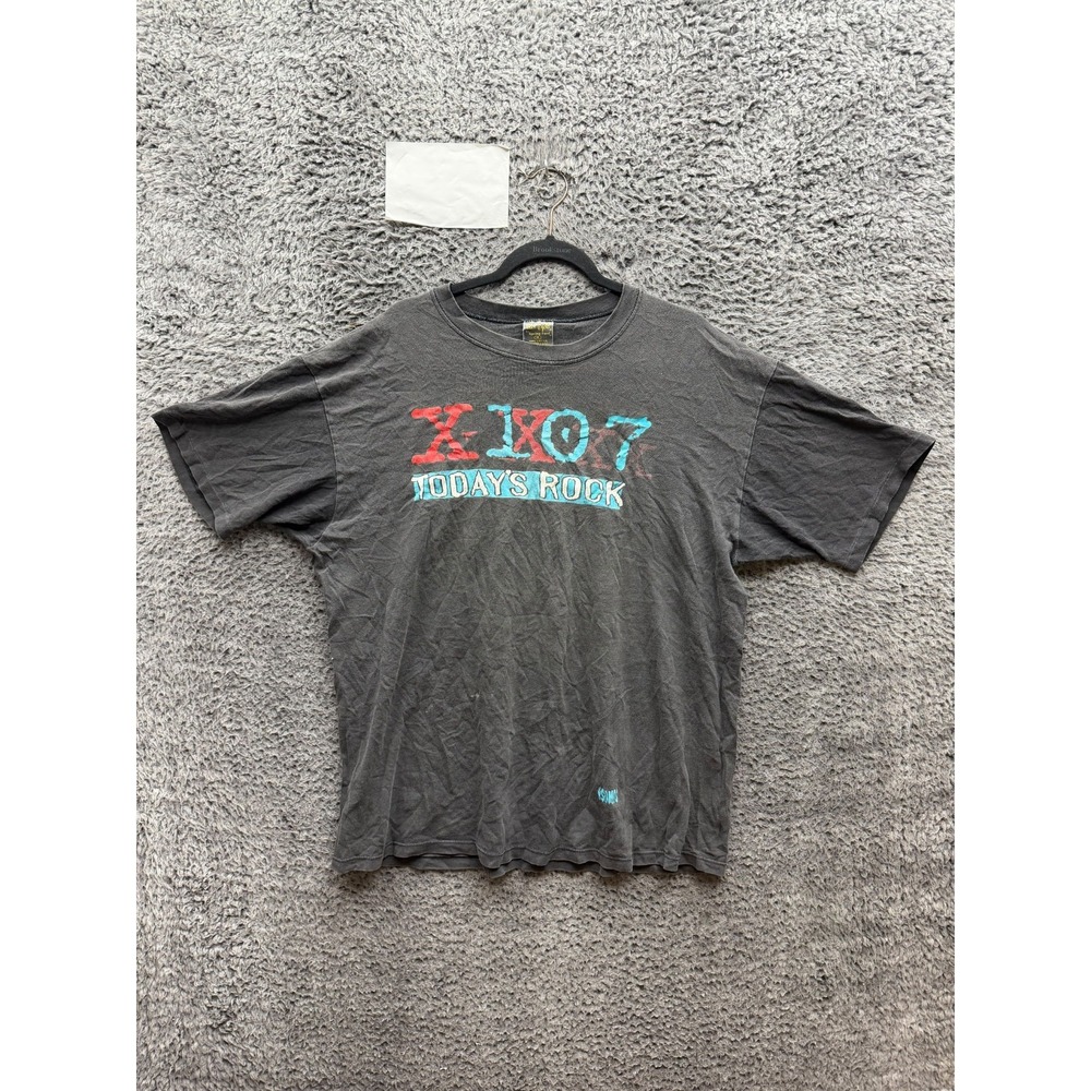 Vintage 90s X-107 Todays Rock Radio Graphic Short Sleeve T-Shirt Black Size XL